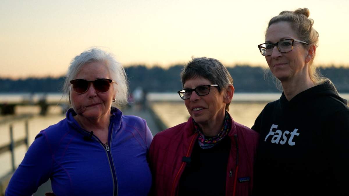 Photo still of a broadcast interview with (L-R) Keri Bergere, Annie Bilotta, and Tisch Williams as they recounted a cougar attack that left Bergere with permanent nerve damage.