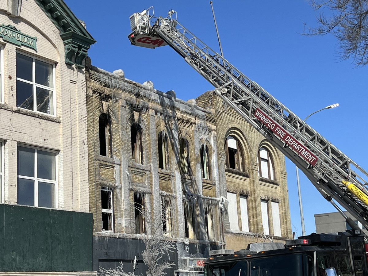 Photo of the building destroyed by a fire in the  500 block of Main Street, Winnipeg. 