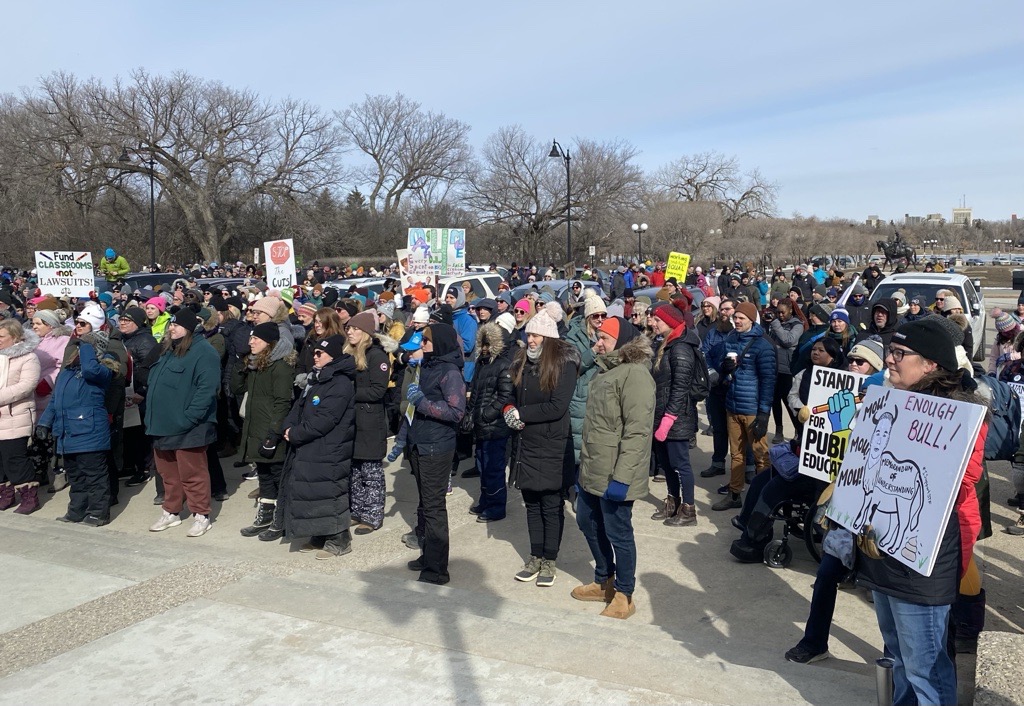 Saskatchewan teachers protest outside the legislature on Wednesday, March 20, 2024.