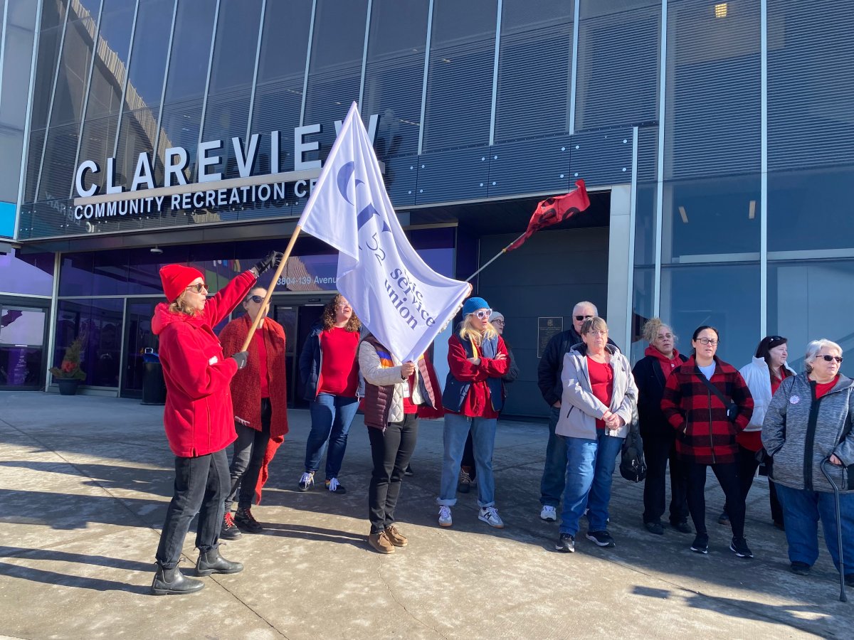 Civic Service Union 52 employees outside the City of Edmonton's Clareview Recreaction Centre on Monday, March 11, 2024.