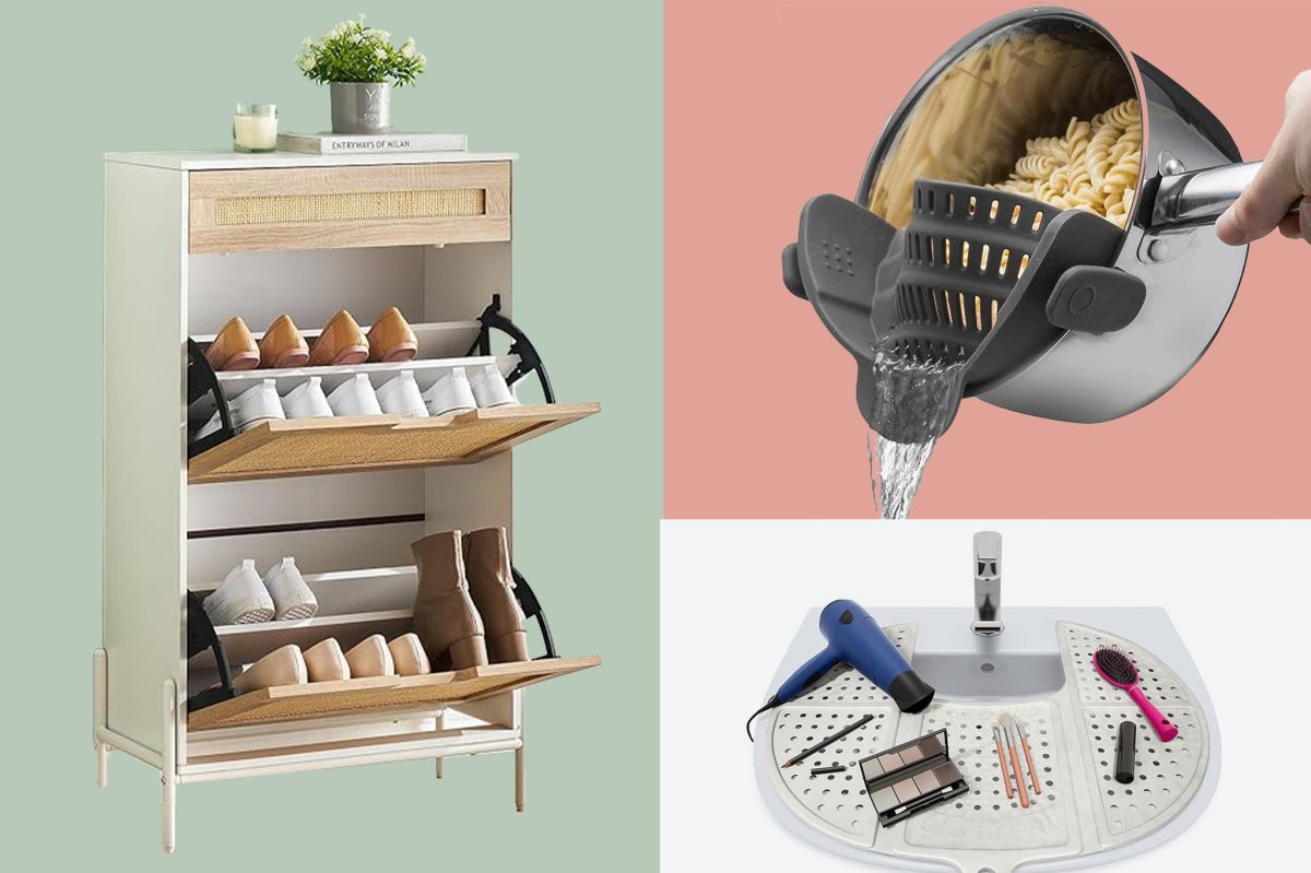Series of three products - shoe cabinet, colander than attaches to any pot and a mat that goes on top of your sink to hold things like makeup brushes
