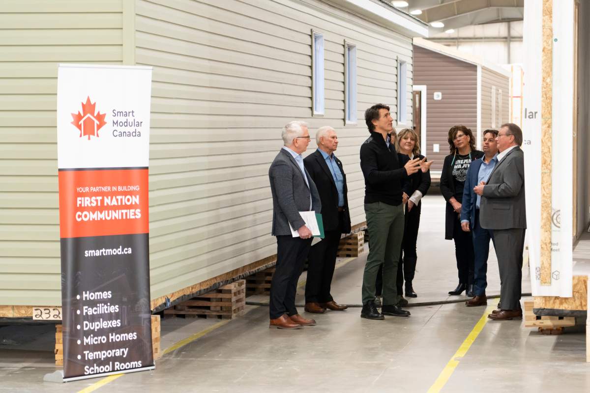 Prime Minister Justin Trudeau announces 20.7 million dollars in federal funds for new homes to be built at Smart Modular Canada in Thunder Bay