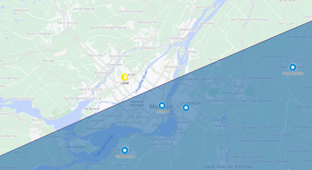 A closeup of the April 8, 2024 total eclipse map shows the moon’s shadow outline on Montreal and southern Quebec.
