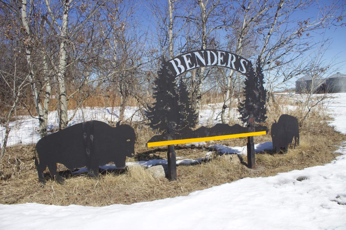 The Benders family farm sign outside of Neudorf, Sask.
