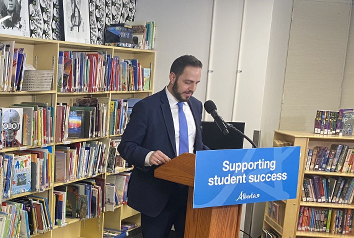 Education Minister Demetrios Nicolaides is seen at Belgravia School in Edmonton on March 14, 2024.