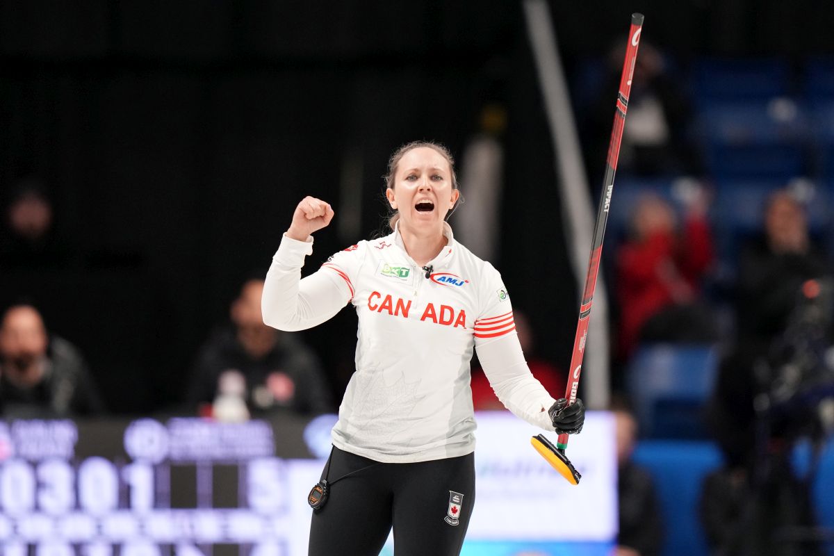 Canada skip Rachel Homan reacts to her game-winning final shot during World Women's Curling Championship action against Turkey in Sydney, N.S. on Wednesday, March 20, 2024.