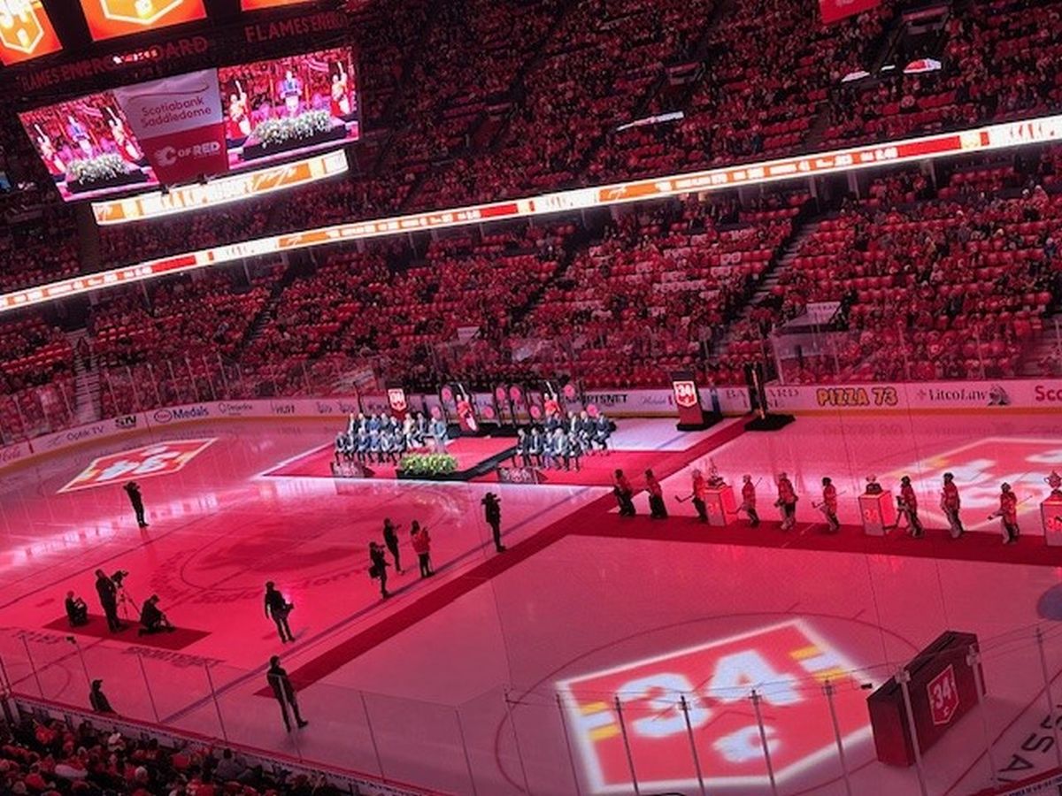 A photo taken in March 2024 during Miikka Kiprusoff's jersey retirement night.