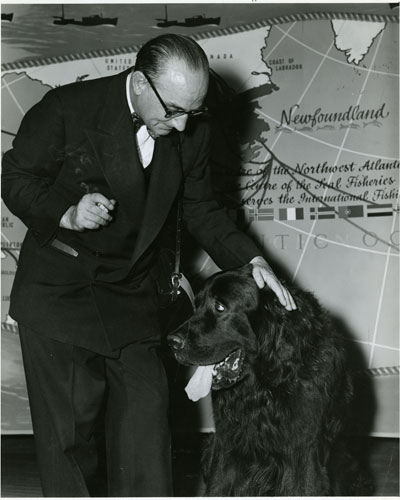 a man holding a pipe dressed in a dark suit and wearing round glasses pets a large black Newfoundland dog. An artistic rendering of a map of Newfoundland is behind them.