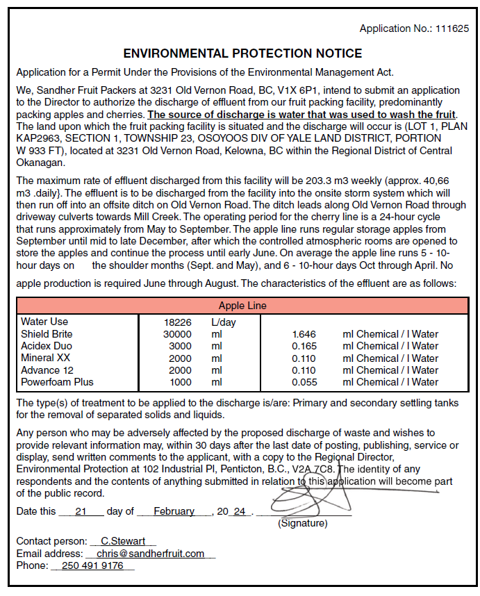 The environmental protection notice that was printed in the Feb. 29 edition of the Kelowna Capital News.