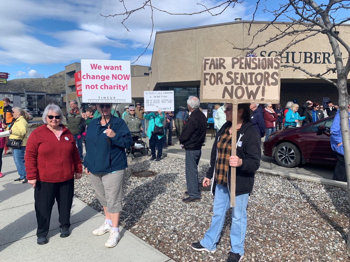 Carrying signs that read things like, "We want change now, not charity" and "Fair Pensions of Seniors Now" dozens from the Tin Cup Seniors organization turned up at the Schubert Centre in Vernon to make their case known.
