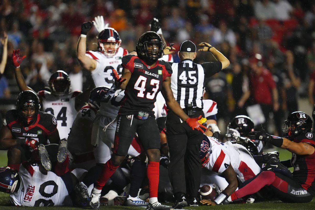 Ottawa Redblacks linebacker Shaheed Salmon (43) reacts after Montreal Alouettes celebrate a touchdown during second half CFL football action in Ottawa on Thursday, July 21, 2022.