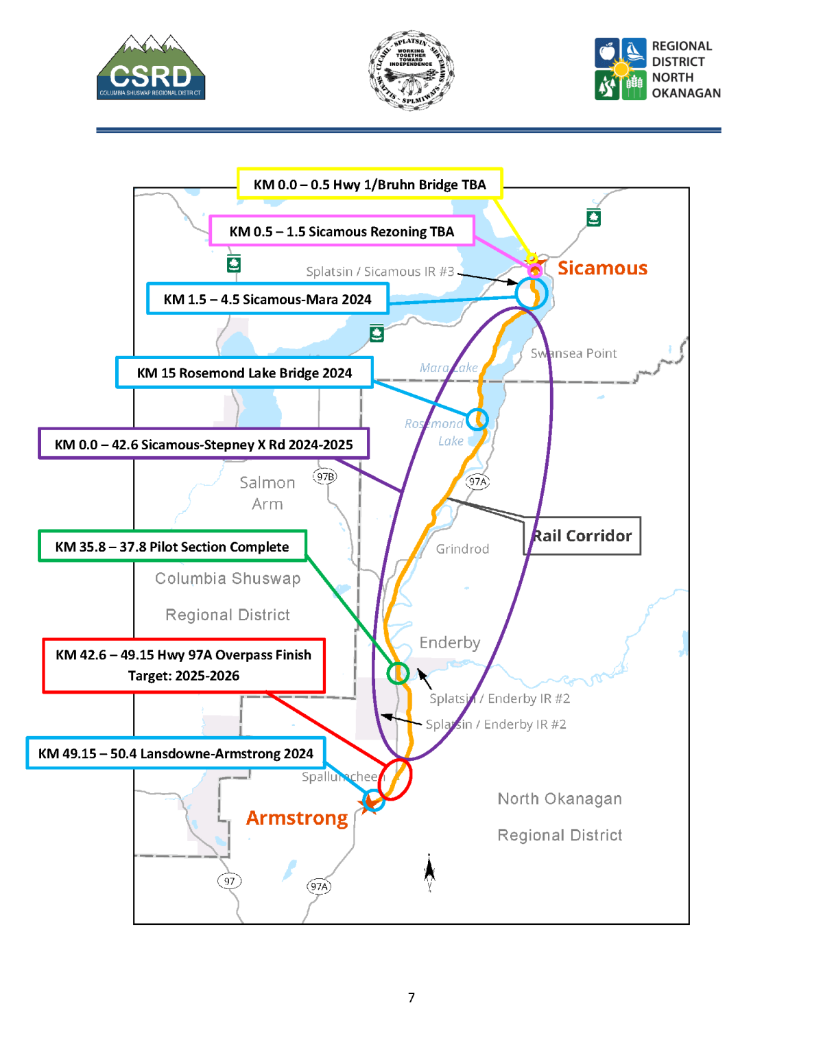 A map showing the Shuswap North Okanagan Rail Trail.