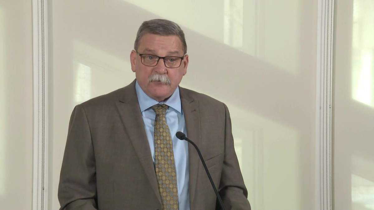 Andre Corbould at a City of Edmonton news conference in March 2024.