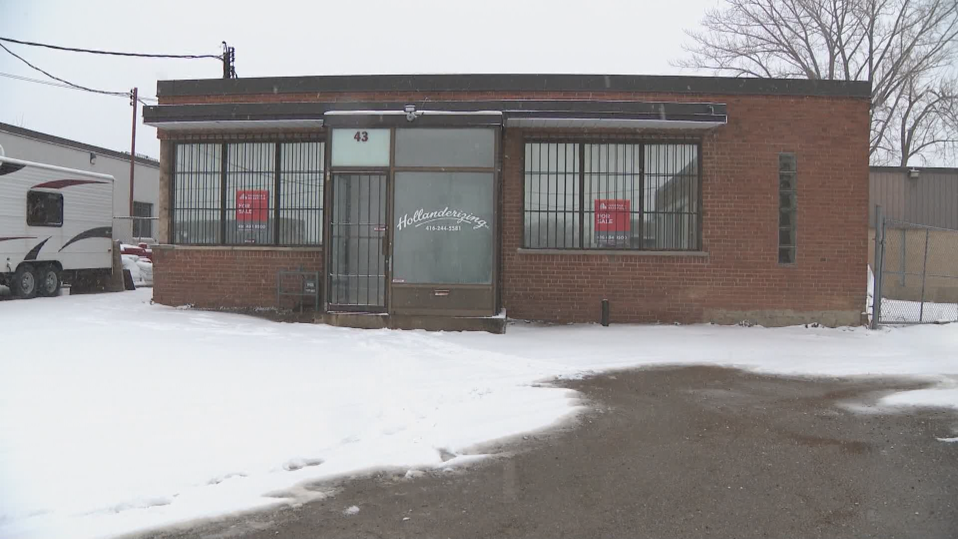 The vacant building at the address given in promotional materials for Greater Toronto Roofing & Construction. It's now for sale but was last occupied by a dry cleaning company.