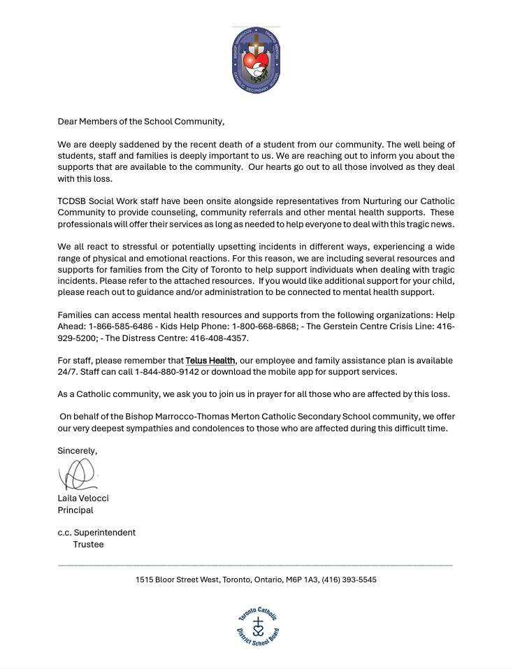 The letter sent from principal Laila Velocci.