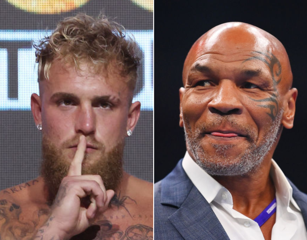 A split image of Jake Paul and Mike Tyson.