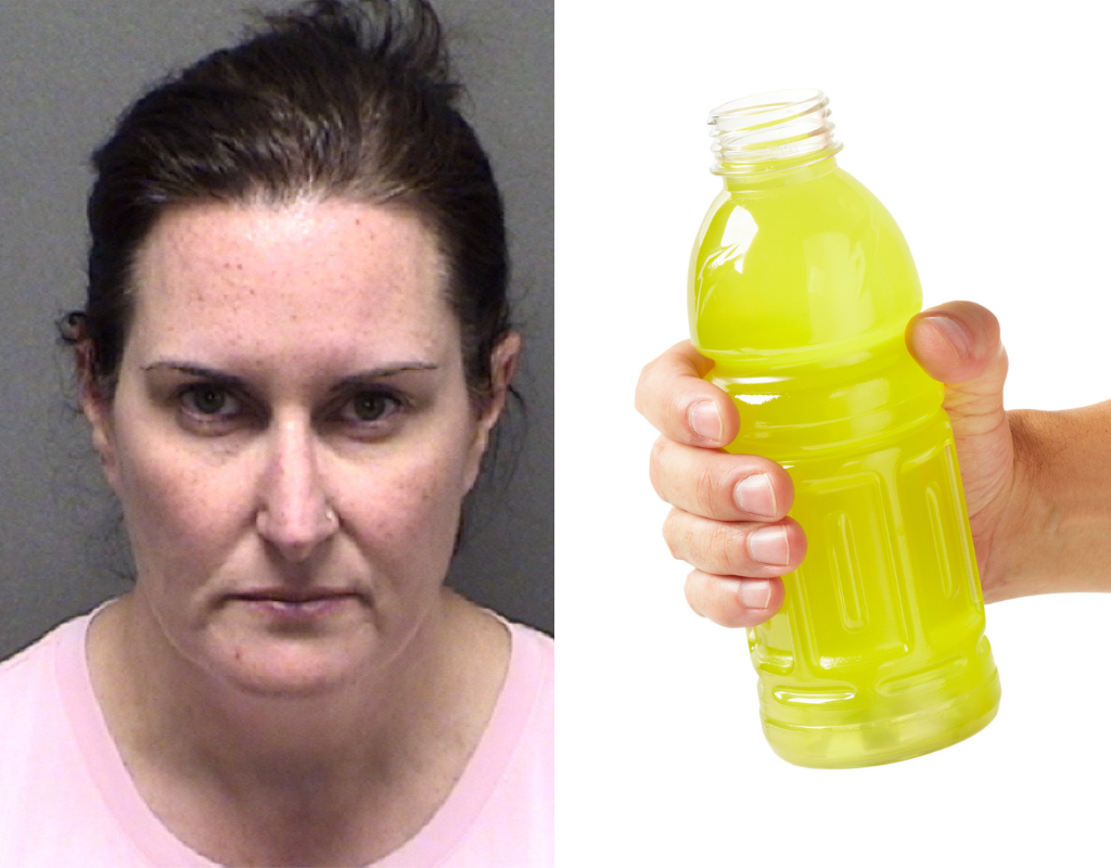 A split image of Jennifer Lynn Rossi's mugshot and a bottle of yellow sports drink.