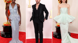 Celebrities, including (L-R) Lupita Nyong'o, Ryan Gosling and Emma Stone, walk the red carpet at the 2024 Oscars.