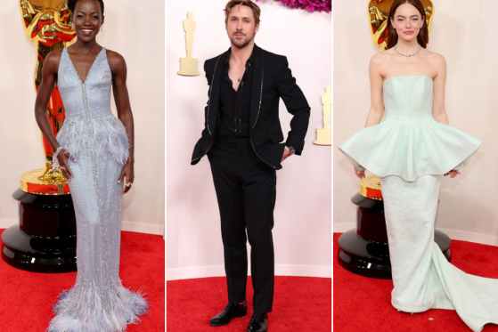 Celebrities, including (L-R) Lupita Nyong'o, Ryan Gosling and Emma Stone, walk the red carpet at the 2024 Oscars.