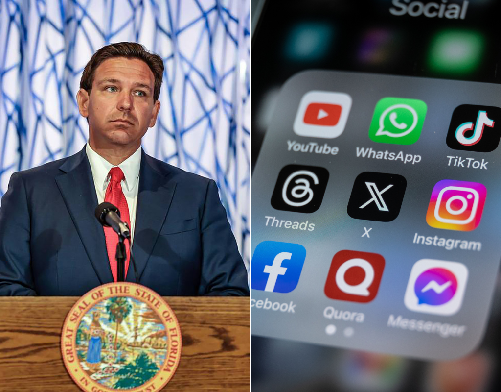 Split screen image of Fla. Gov. Ron DeSantis (L) and a phone open to a folder with popular social media apps, including Instagram, Facebook and X. On March 24, 2024, Florida passed a bill banning minors under 14 years old from using social media.