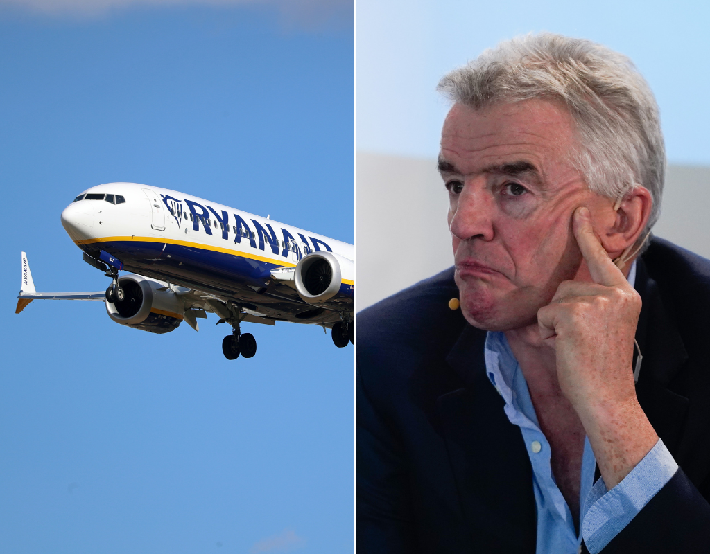 Split screen image of a Boeing 737 MAX 8-200 from Ryanair is landing at Barcelona Airport (R) and Ryanair's CEO Michael O'Leary at the Airlines for Europe (A4E) Aviation Summit in Brussels, Belgium, on Wednesday, March 20, 2024 (L).
