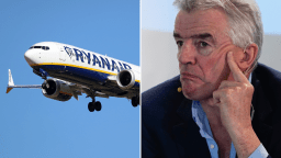 Split screen image of a Boeing 737 MAX 8-200 from Ryanair is landing at Barcelona Airport (R) and Ryanair's CEO Michael O'Leary at the Airlines for Europe (A4E) Aviation Summit in Brussels, Belgium, on Wednesday, March 20, 2024 (L).