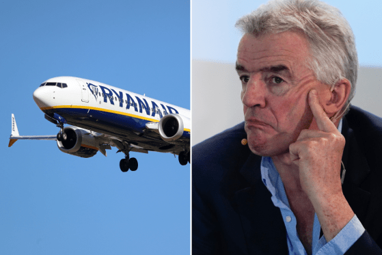 Split screen image of a Boeing 737 MAX 8-200 from Ryanair is landing at Barcelona Airport (R) and Ryanair's CEO Michael O'Leary at the Airlines for Europe (A4E) Aviation Summit in Brussels, Belgium, on Wednesday, March 20, 2024 (L).