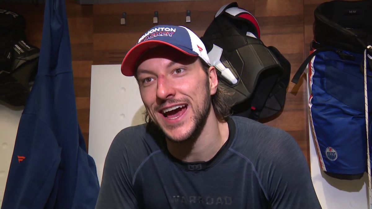 Edmonton Oilers defenceman Vincent Desharnais speaks to reports on March 18, 2024.