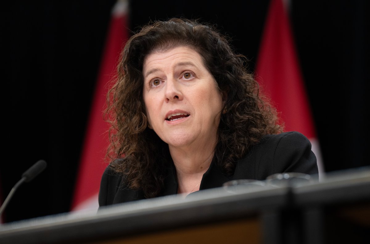 Auditor General Karen Hogan responds to a question on her offices report during a news conference, Monday, Feb. 12, 2024 in Ottawa.