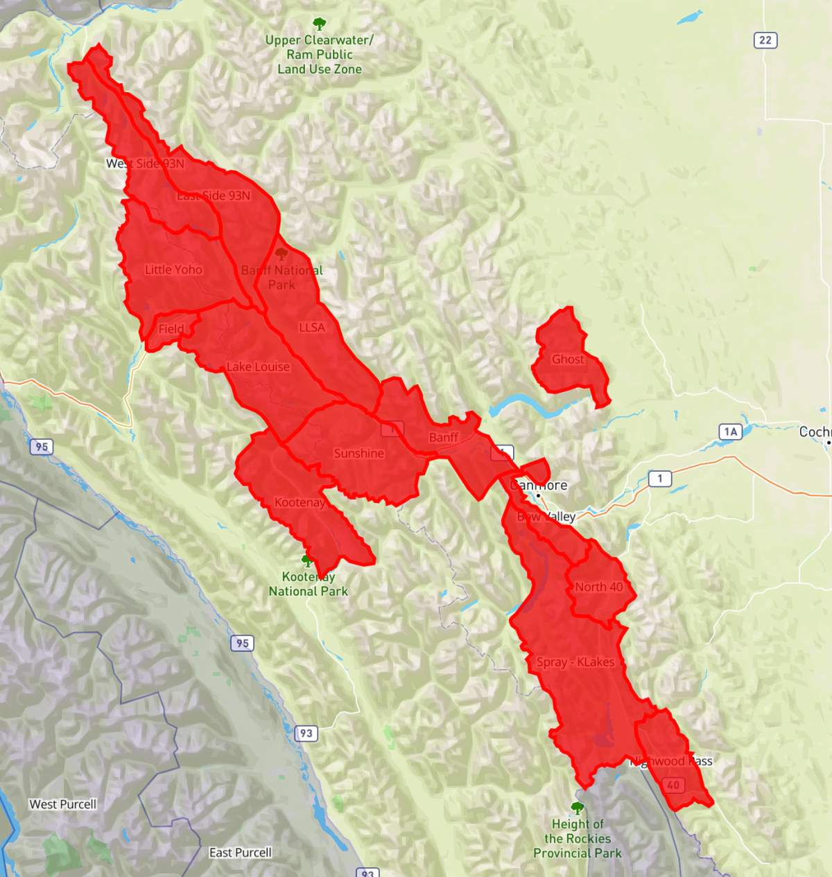 Parts of Banff, Kootenay and Yoho National Parks and Kananaskis Country that were under an avalanche warning through March 10, 2023.