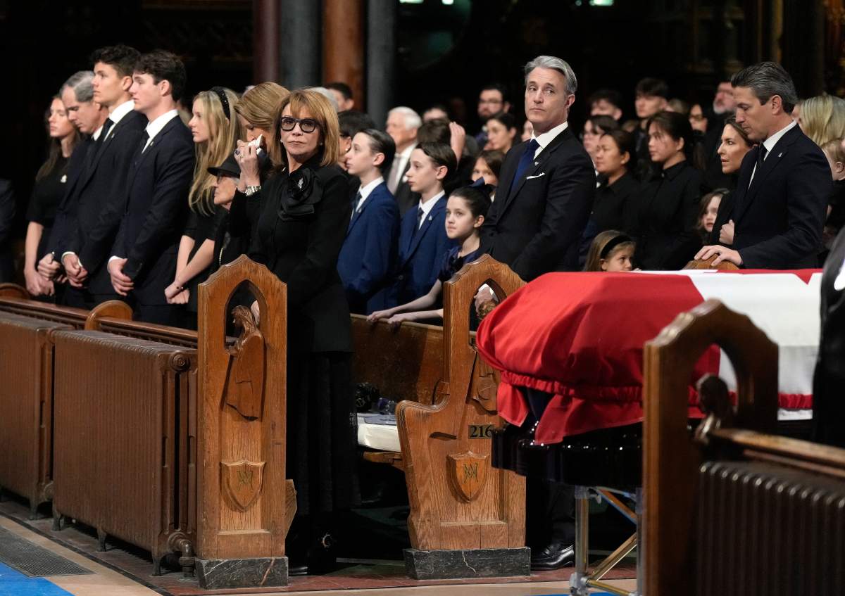 Mila Mulroney, looks on alongside immediate family members as the casket rests in the aisle at the funeral of former prime minister Brian Mulroney, in Montreal, Saturday, March 23, 2024.