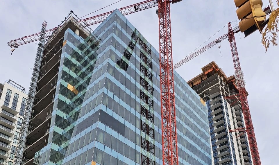 A crane at the Bernard Block development site in downtown Kelowna.