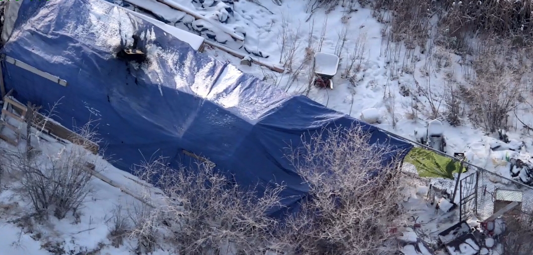 A photo of a homeless encampment taken from the Calgary Police HAWCS helicopter.