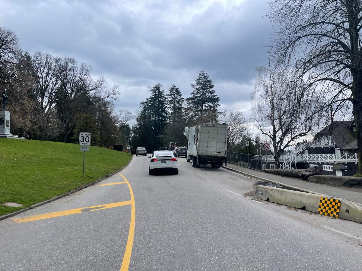 A look at the truck after it struck the pedestrian bridge in Stanley Park.