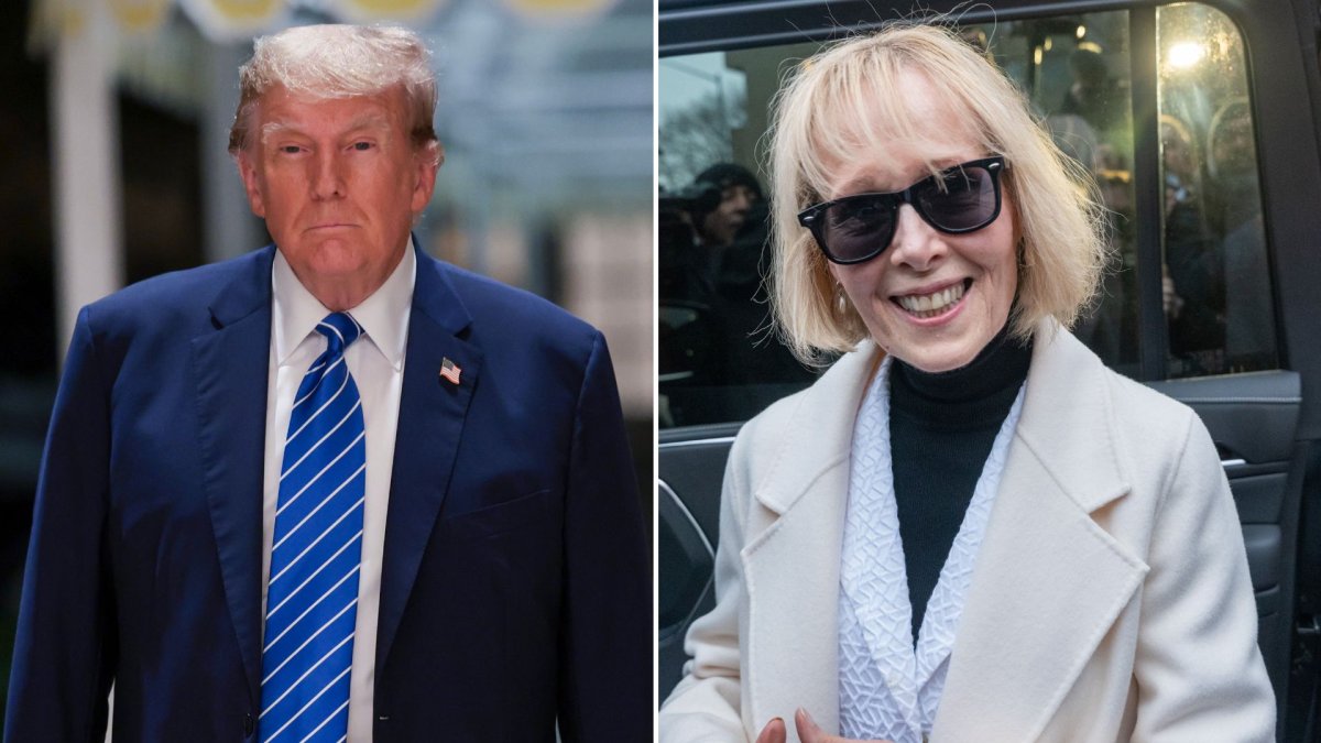 A split image. On the left is Donald Trump wearing a black suit and blue, striped tie. On the right is E. Jean Carroll, wearing a cream-coloured coat and dark, black sunglasses.