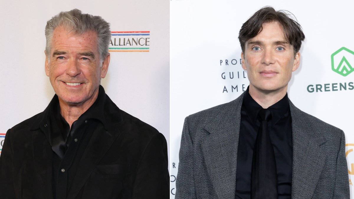 A split image. On the left is Pierce Brosnan in a black suit. On the right is Cillian Murphy in a grey suit.