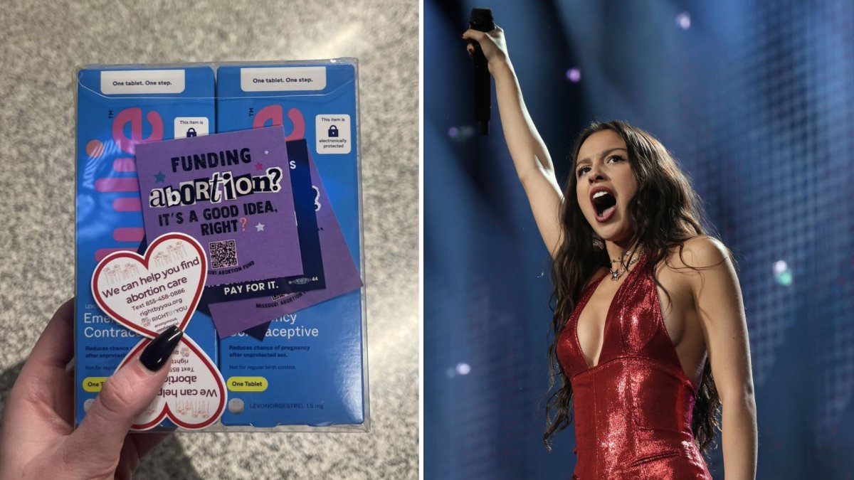 A split image. On te left is the package of contraceptives, with Olivia Rodrigo branded cards advocating for abortion rights. On the right is Olivia Rodrigo in a red dress. She is holding her hand above her head.