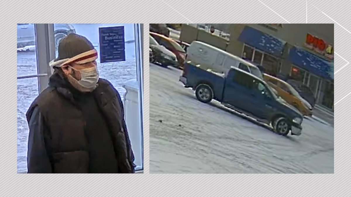 CCTV images of a man Calgary police believe to be responsible for a bank robbery in Sunridge on March 1, and the truck police believe he was driving.