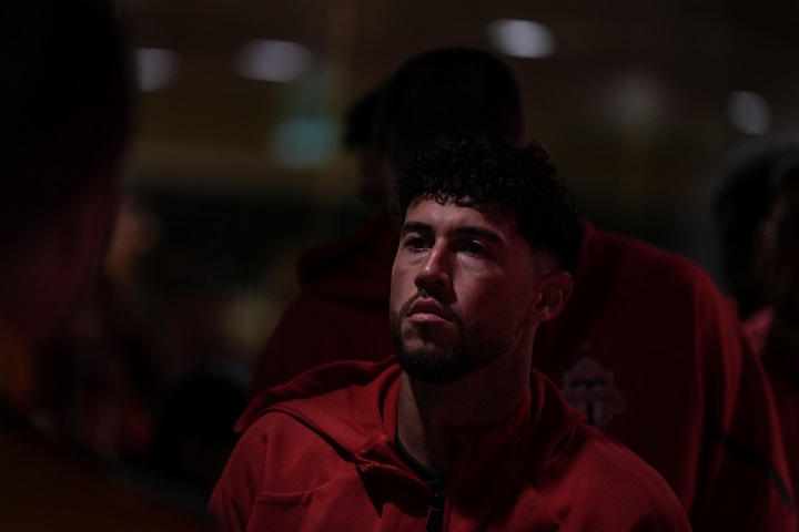 Toronto FC captain Jonathan Osorio stands in the players tunnel waiting to lead his team out against Charlotte FC, in MLS action in Toronto, on Saturday, March 9, 2024. Osorio made his 300th MLS appearance for the club. 