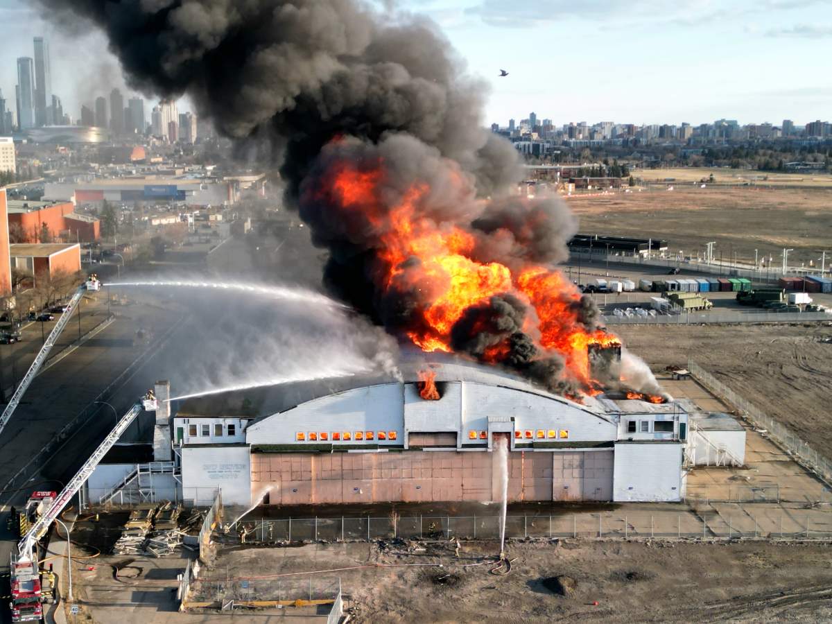 A fire destroyed the historic Hangar 11 that was part of the former municipal airport in central Edmonton on Monday, April 22, 2024.