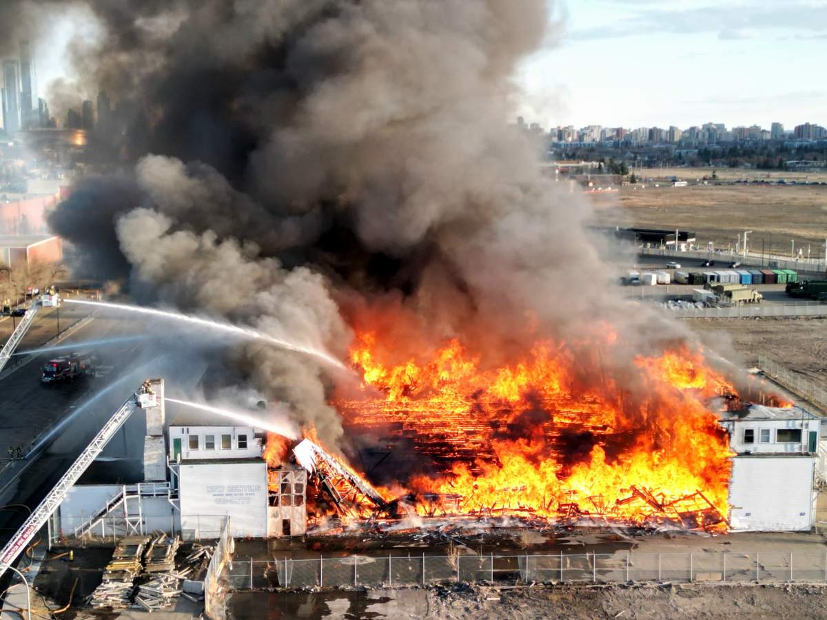 A fire destroyed the historic Hangar 11 that was part of the former municipal airport in central Edmonton on Monday, April 22, 2024.