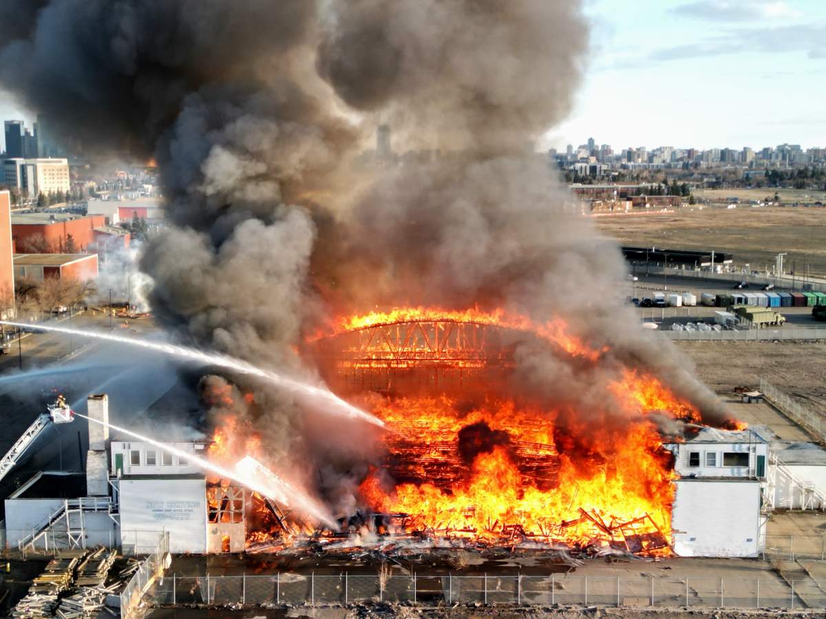 A fire destroyed the historic Hangar 11 that was part of the former municipal airport in central Edmonton on Monday, April 22, 2024.
