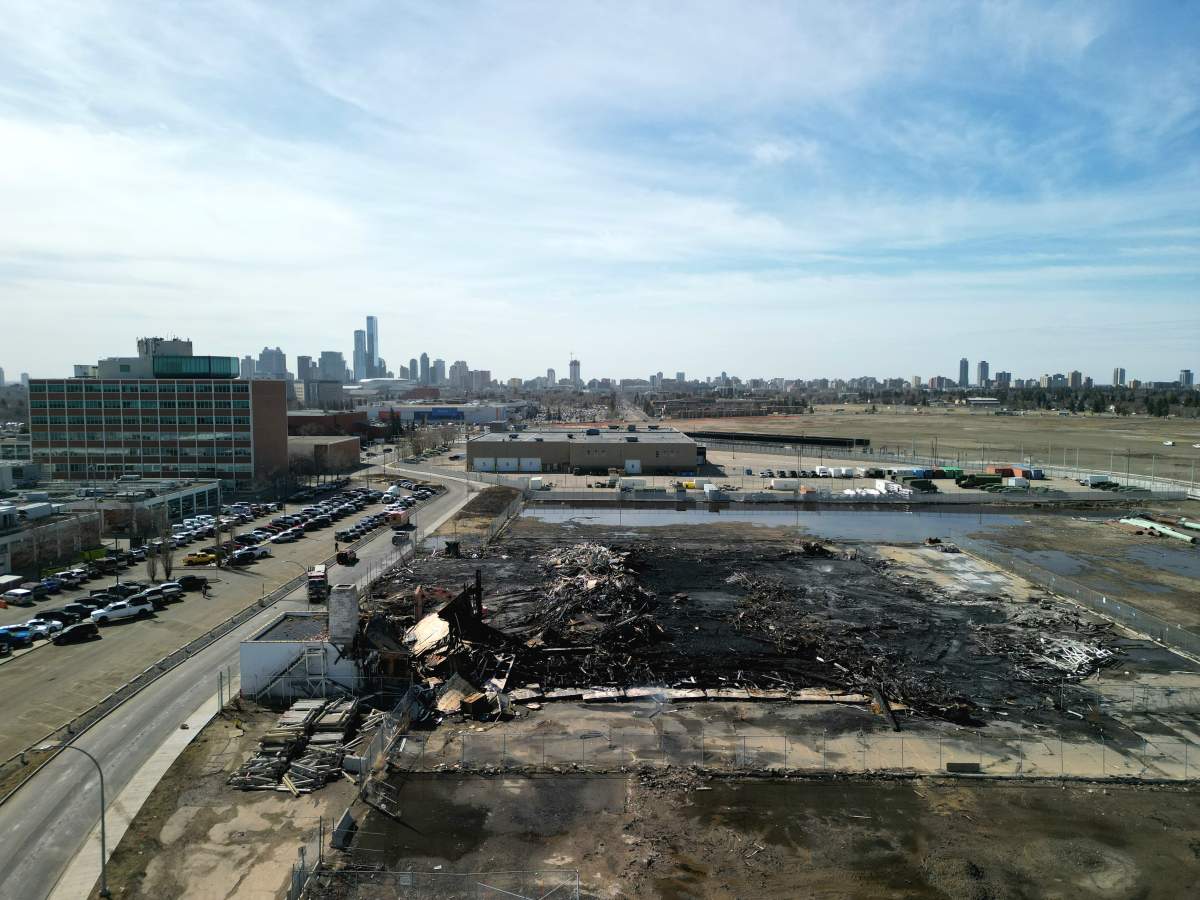 The aftermath of fire that destroyed the historic Hangar 11 that was part of the former municipal airport in central Edmonton. Photo taken Wednesday, April 24, 2024.