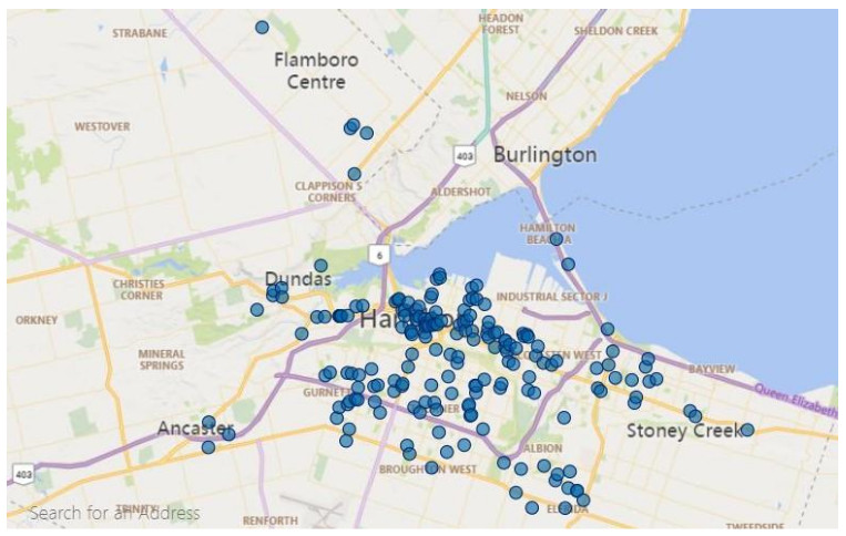 A geographical map of where hate/bias occurrences (crimes and incidents) took place for all of 2023 in Hamilton, Ont.