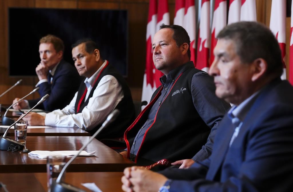Three Innu communities in Quebec are acusing the provincial government of acting in bad faith a year after the deadline passed to conclude the Petapan Treaty, which has been under negotiation for more than 40 years. Minister of Crown-Indigenous Relations Marc Miller, left to right, joins Chiefs of the Innu communities forming the Regroupement Petapan, Real Tettaut (Nutashkuan), Martin Dufour (Essipit), and Gilbert Dominique (Mashteuiatsh) at a press conference in Ottawa, Thursday, May 4, 2023. 