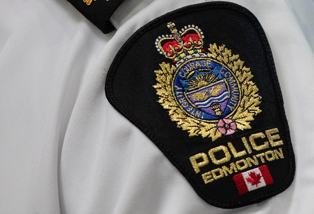 An Edmonton Police Service shoulder badge is shown in Edmonton on Aug. 1, 2023.