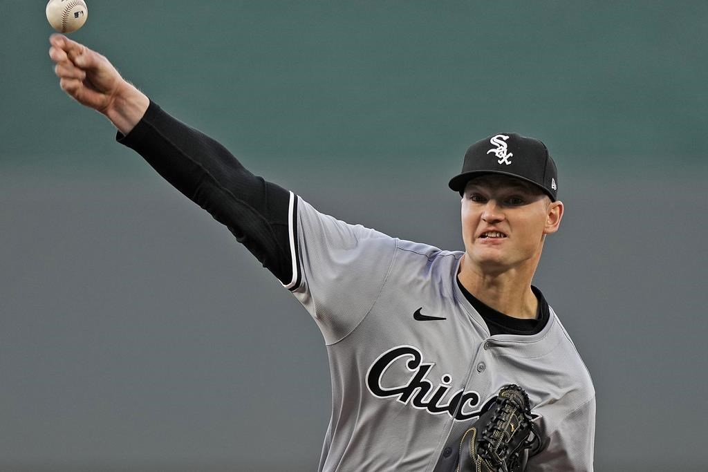 Chicago White Sox starting pitcher Michael Soroka throws during the first inning of a baseball game against the Kansas City Royals Thursday, April 4, 2024, in Kansas City, Mo.
