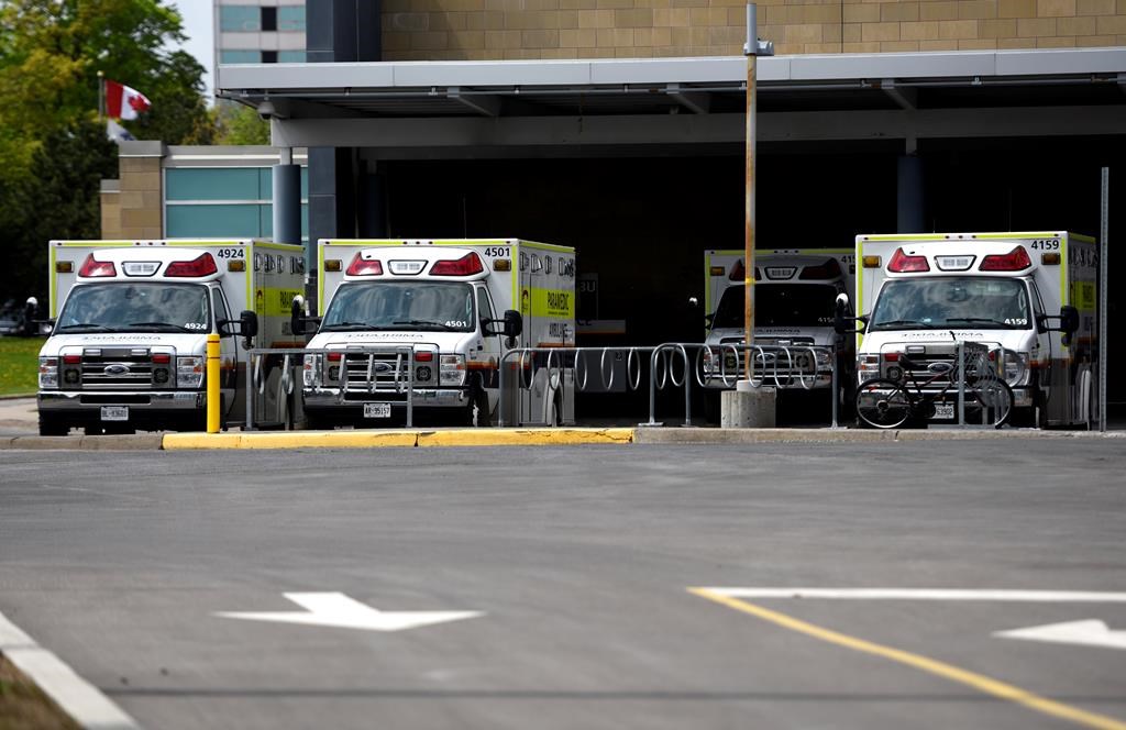 Ontario will provide free bereavement counselling for two years to families of first responders who have died in the line of duty and those who died by suicide. Ambulances are parked outside the Emergency Department at the Ottawa Hospital Civic Campus in Ottawa on Monday, May 16, 2022. 