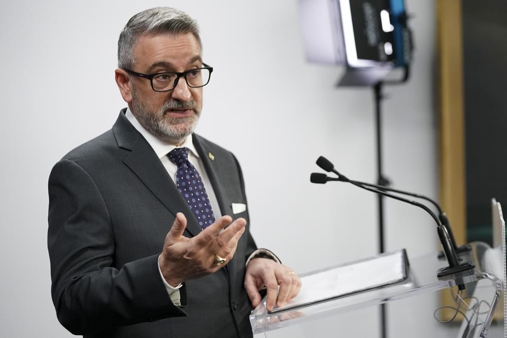 Paul Calandra, Ontario Minister of Municipal Affairs and Housing, speaks during a press conference in Toronto on Thursday, Feb. 22, 2024. Calandra says drafting a bill to address harassment by municipal politicians is proving to be more complex than he though. 