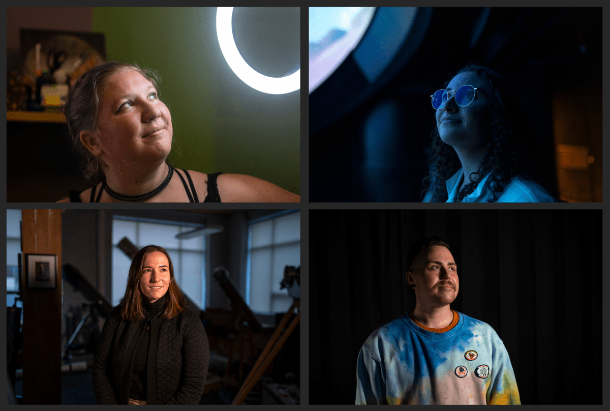 An portrait grid of a blonde woman looking up at a circled light, a woman with glasses looking up at a planetarium, a brunette woman posting in front of telescopes, and a man wearing a tie-dye shirt looking up.